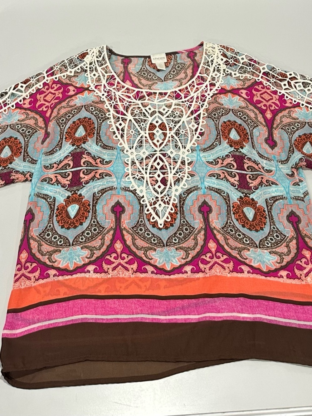Chico's Pink Paisley Crochet-Front Short Sleeve Blouse